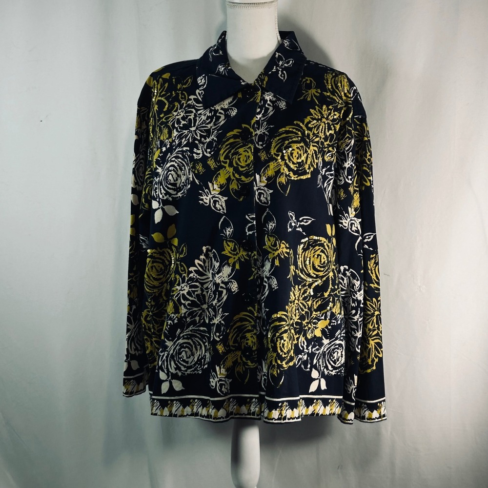 Life Style Woman Navy Yellow Floral Sequin Cotton Button Up Shirt 1X RN 94153‎